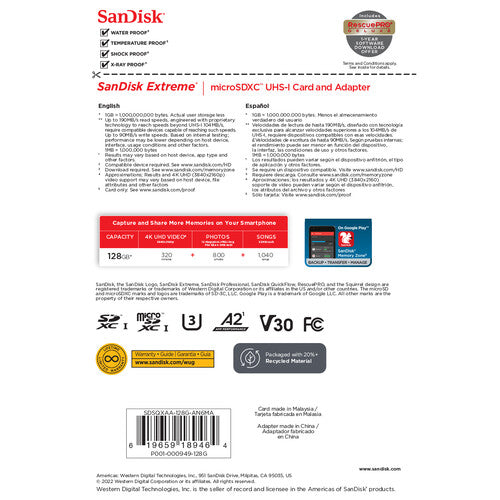 SanDisk Extreme 128GB UHS-I U3 microSDXC Memory Card with SD Adapter